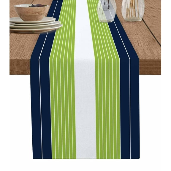 Navy Blue Green Stripe Table Runner 36 Inches, Modern Art Horizontal Striped Bed Runner Dresser Scarves Tabletop for Indoor Outdoor Parties/Ceremony/Banquet, 13"x 36"