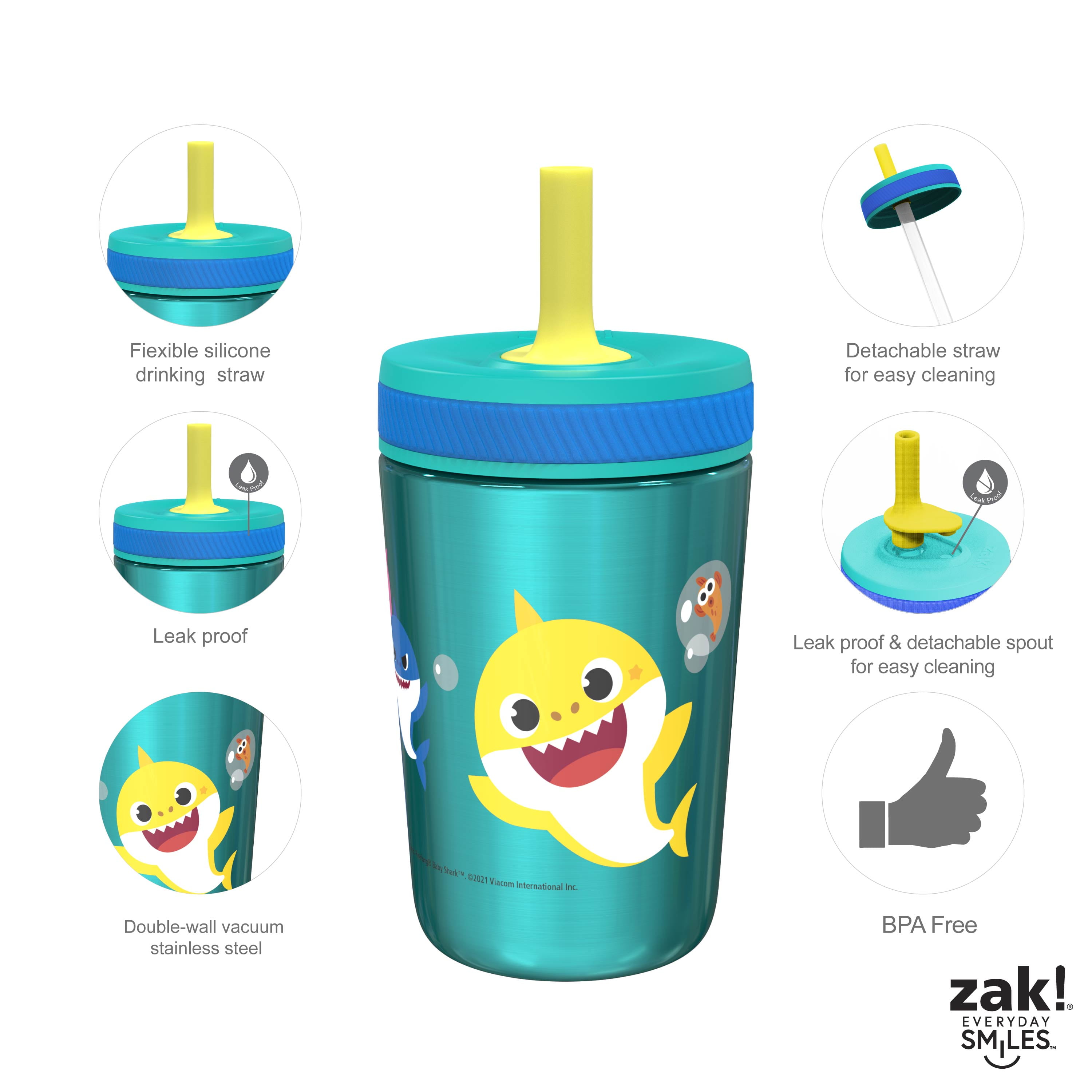 Zak Designs 12oz and 15oz 2-Pack Straw Tumbler Stainless Steel and Plastic  with Additional Straw Leakproof and Perfect for Kids, CoComelon