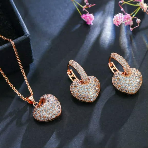 Romantic 585 Rose Gold CZ Love Heart Hoop Earrings Necklace Fashion Jewelry Set