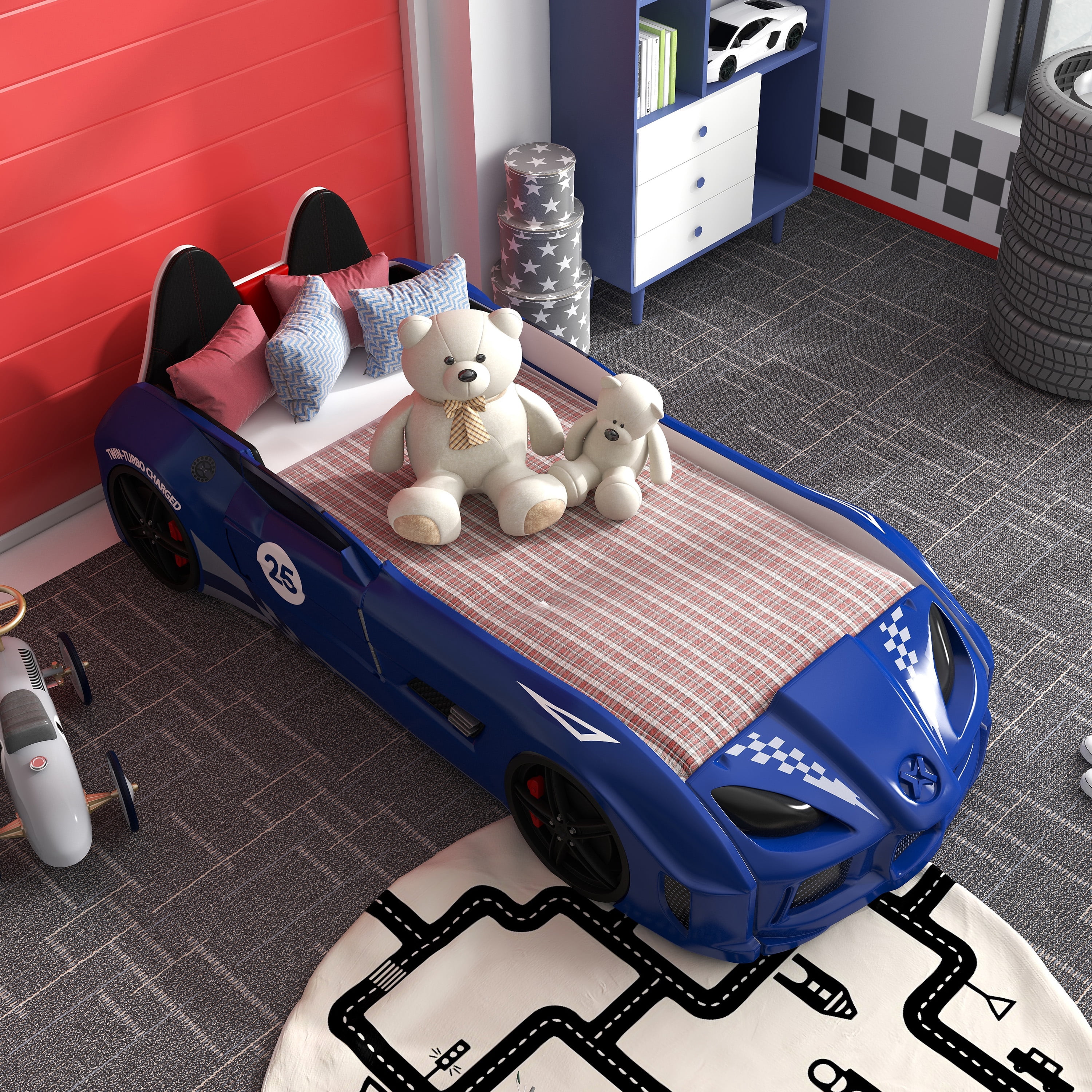 Furniture of America Dash Kids Plastic Twin Race Car Bed with LED and Sound, Blue