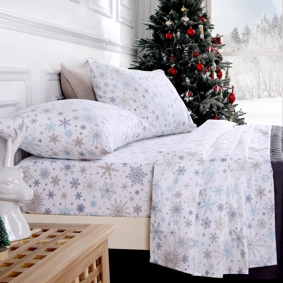 Christmas Flannel Sheets Queen, 100% Cotton Printed Bed Sheet Set, SoftHea-vyweightBrushed Flannel, Deep Pocket Winter Warm Sheets 3 Piece