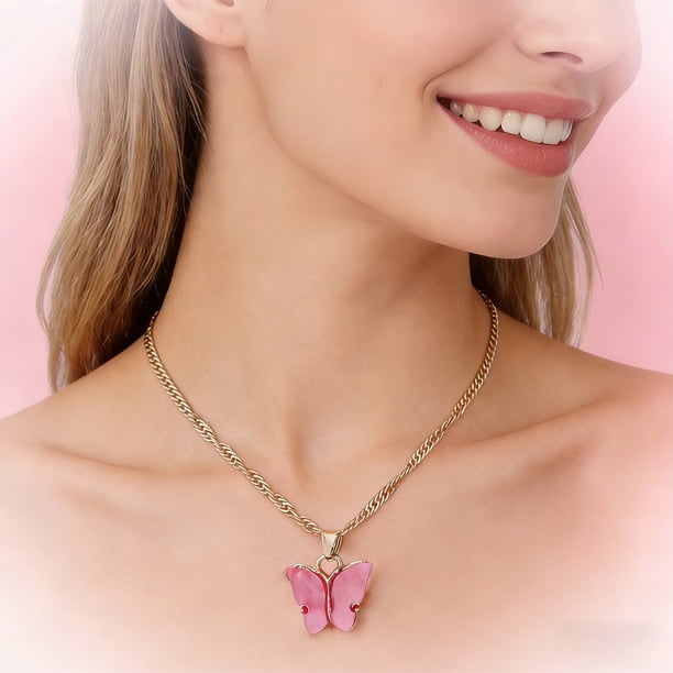 Collar con colgante de mariposas para San Valentín para adolescentes, cadena de clavícula ajustable estilo tarjeta vintage, ideal como regalo para San Valentín, collar de metal.