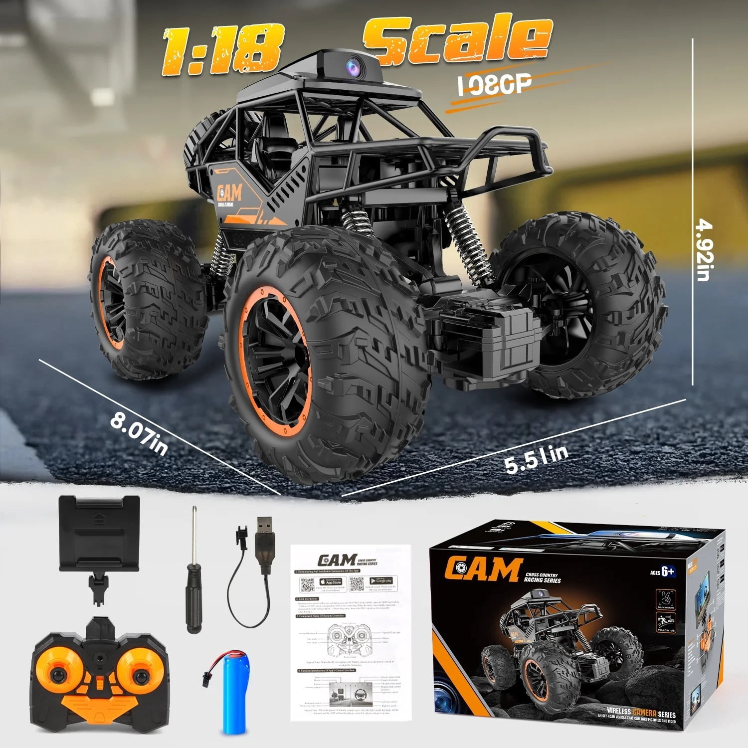 Freecat RC Car, Toys for Boy 8 to 11 Years, 1:18 Remote Control Monster Truck with 1080P HD Camera, 4WD 2.4Ghz Alloy RC Monster Truck Toys for Kids Boys Teens Adults Christmas Birthday Gifts.