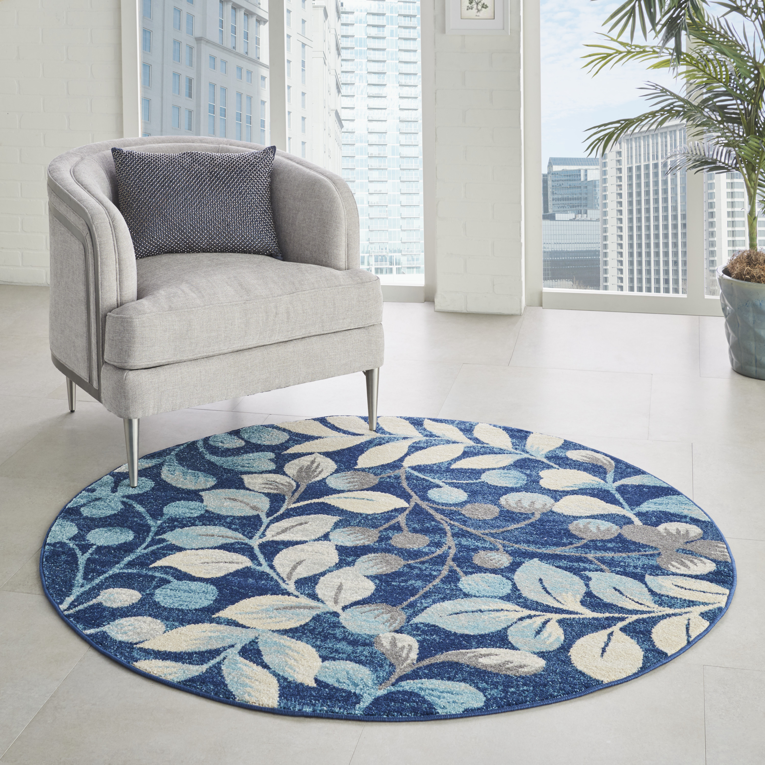 Serene Contemporary Botanical Navy 5'3" x ROUND Area Rug, (5' Round)
