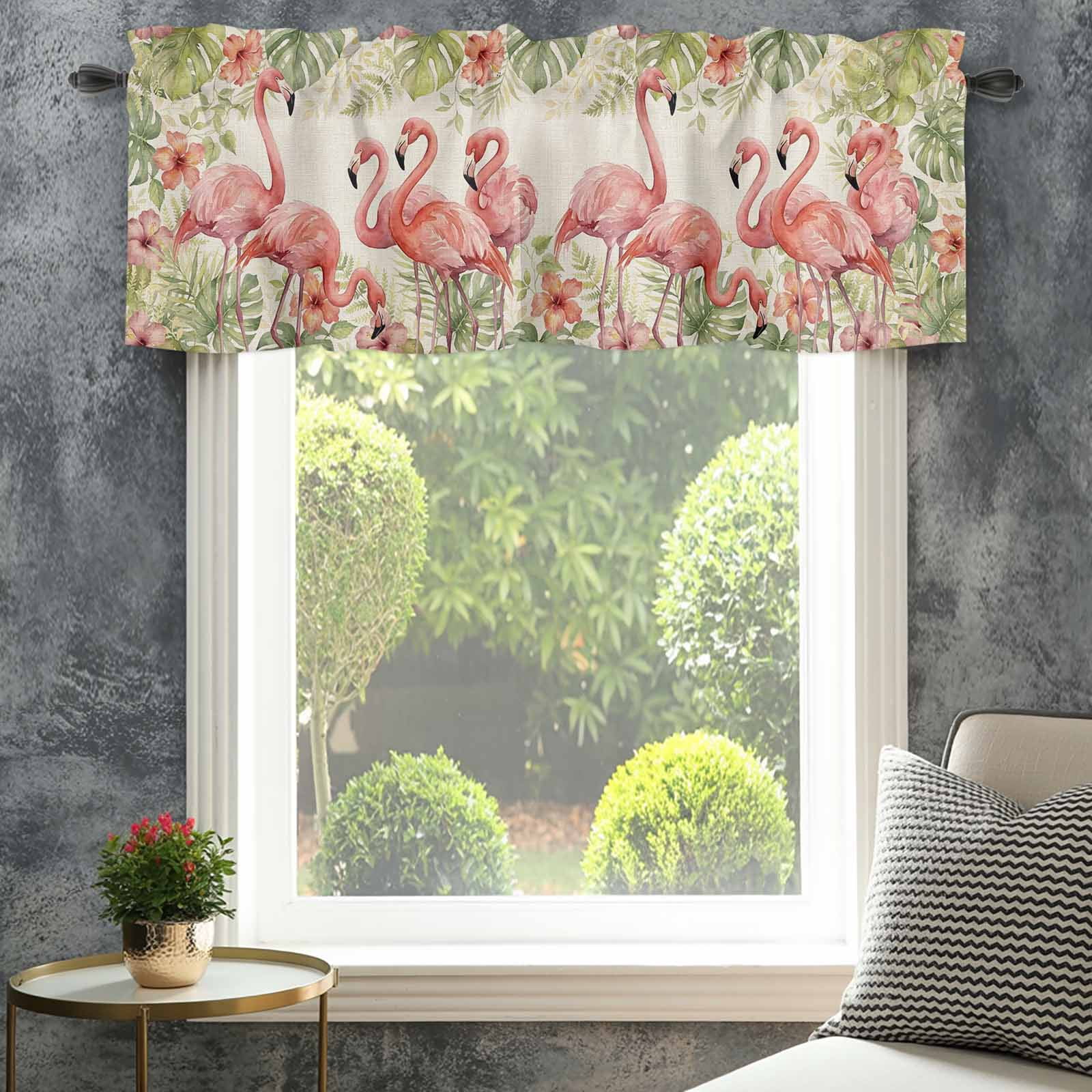 Summer Flamingo Valances for Windows Boho Red Tropical Animals Palm Trees Plants Linen Texture Rod Pocket Curtain Valance Window Treatment Short Curtains for Kitchen Living Room, 60"x18"