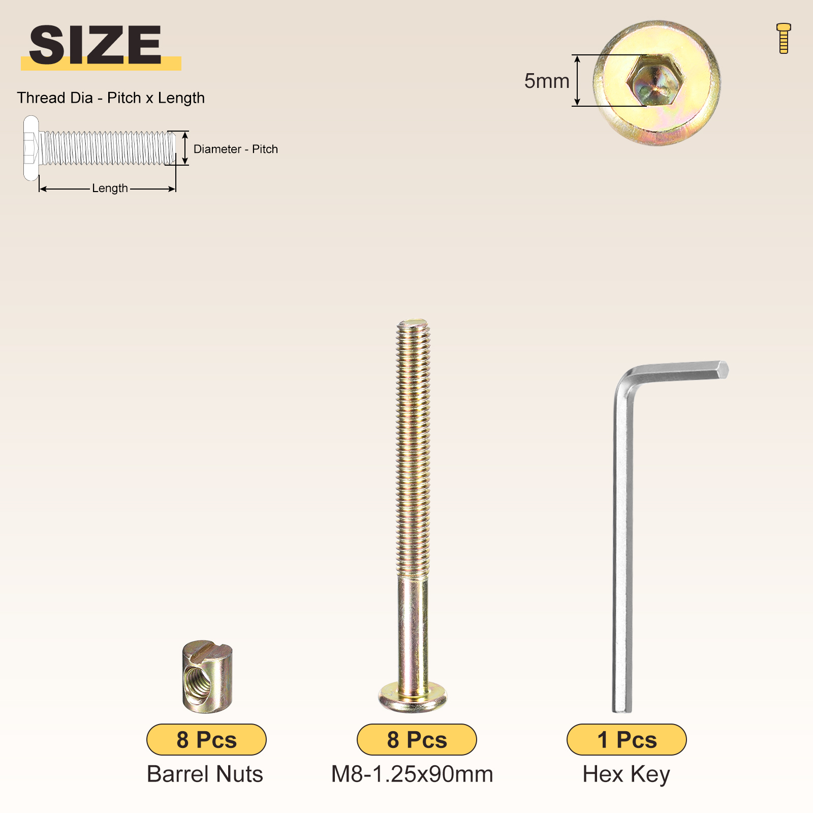 Furniture Connector Bolt Cap Nut Kit with Wrench(M8-1.25x100mm) 20Pcs, Connector Bolt M8 Countersunk Screw Barrel Nuts Binding Screws, for Chair Cabinet Bed, Yellow