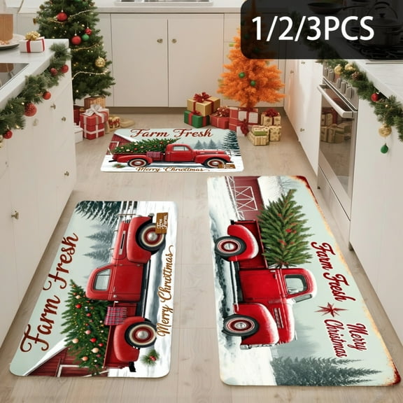 3PCS Kitchen Mat set, Welcome Door Flannel Rug,Home Decor for Front Door,Kitchen, Bathroom, Farm Fresh Red Truck Christmas Tree Winter Scene ,Great Thanksgiving Day