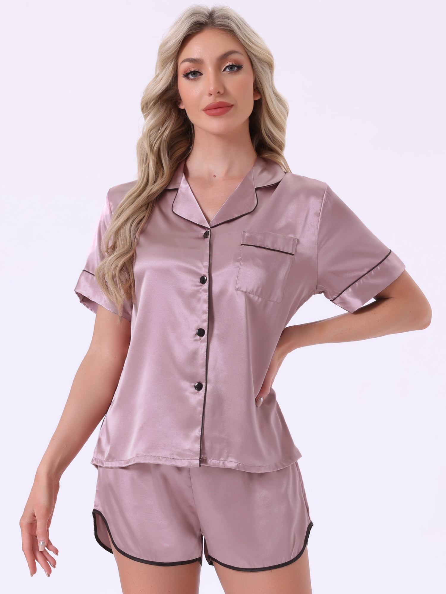 DARING DIVA Women's Satin Button Up Pajamas Short Sleeve Tops with Shorts XL Pink