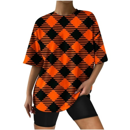 

kakina CMSX Womens Plus Size Tops 3/4 Sleeve with Lace Fashion Causal Round Neck Plaid Printing Short Sleeve T-Shirt Summer Tops Blouses Dressy for Work Spring Orange XXL
