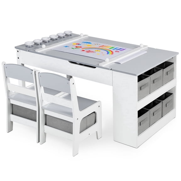LINLUX Kids Table and Chair Set with Paper Roll, 3-in-1 Activity & Drawing Table, Toddler Art Desk with Storage Shelves, Children Study Play Table Set, Grey
