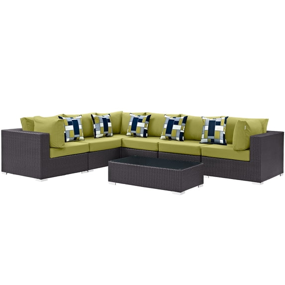 Modern Contemporary Urban Design Outdoor Patio Balcony Seven PCS Sectional Sofa Set, Green, Rattan