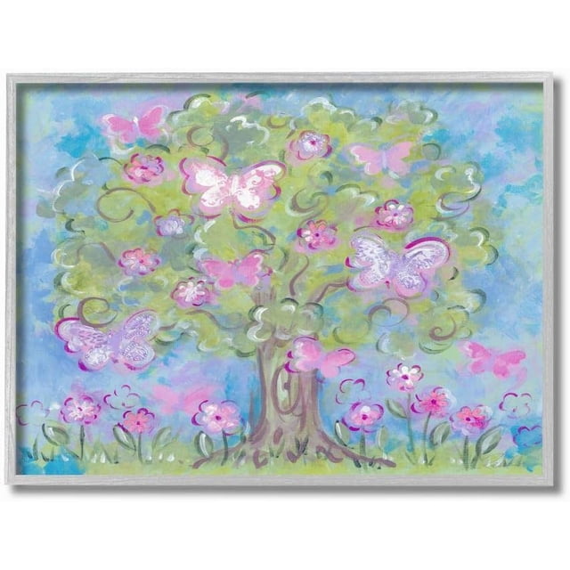 The Kids Room by Stupell Pastel Butterfly Tree Gray Framed Wall Art, 16x20, Multi-Color