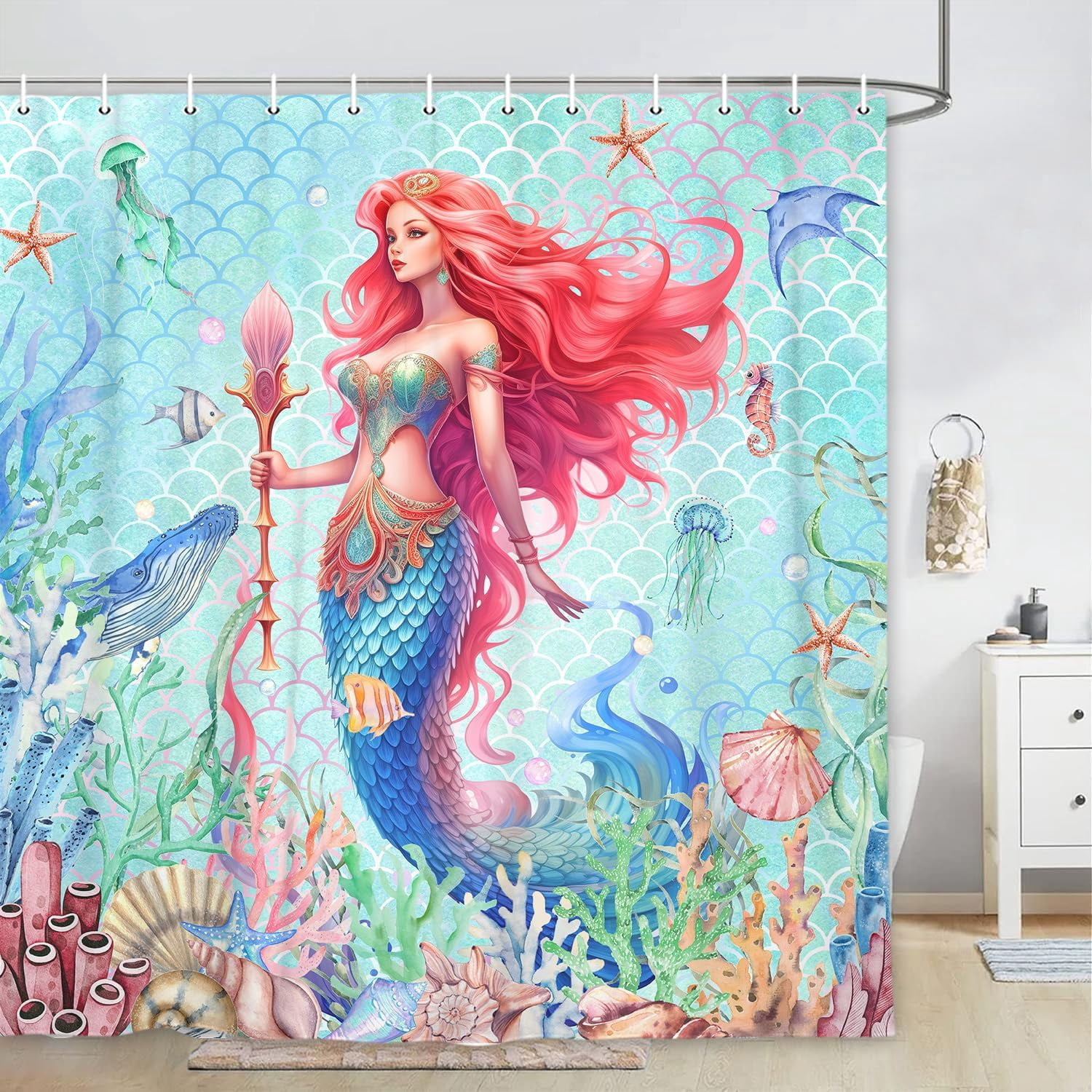 Ocean Coastal Mermaid Shower Curtain, Cute Sea Animals Octopus Jellyfish Seashell Beach Theme Shower Curtain Kids Girls Bathroom Set, Sea Underwater Nautical Shower Curtain with Hook, 70X70 Teal Blue