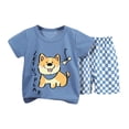 thumbnail image 1 of Liquidación de Honeeladyy: Tops casuales de manga corta con cuello redondo y pantalones cortos estampados de botones para niñas de 2 a 3 años (azul)., 1 of 3