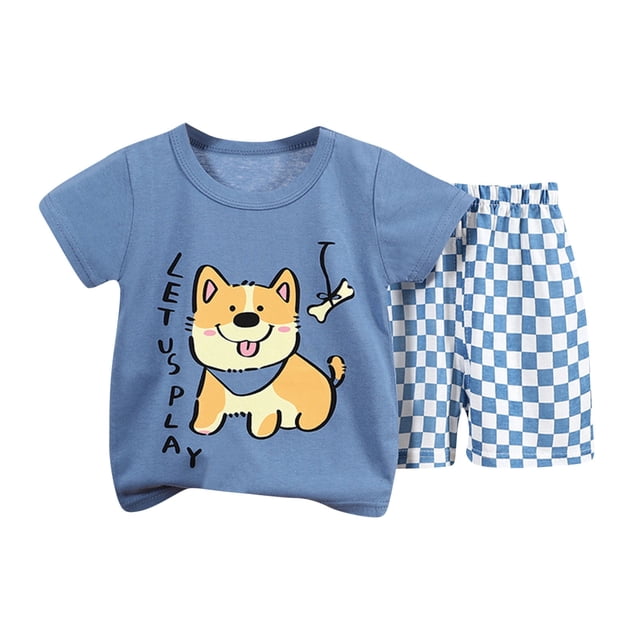 Liquidación de Honeeladyy: Tops casuales de manga corta con cuello redondo y pantalones cortos estampados de botones para niñas de 2 a 3 años (azul).