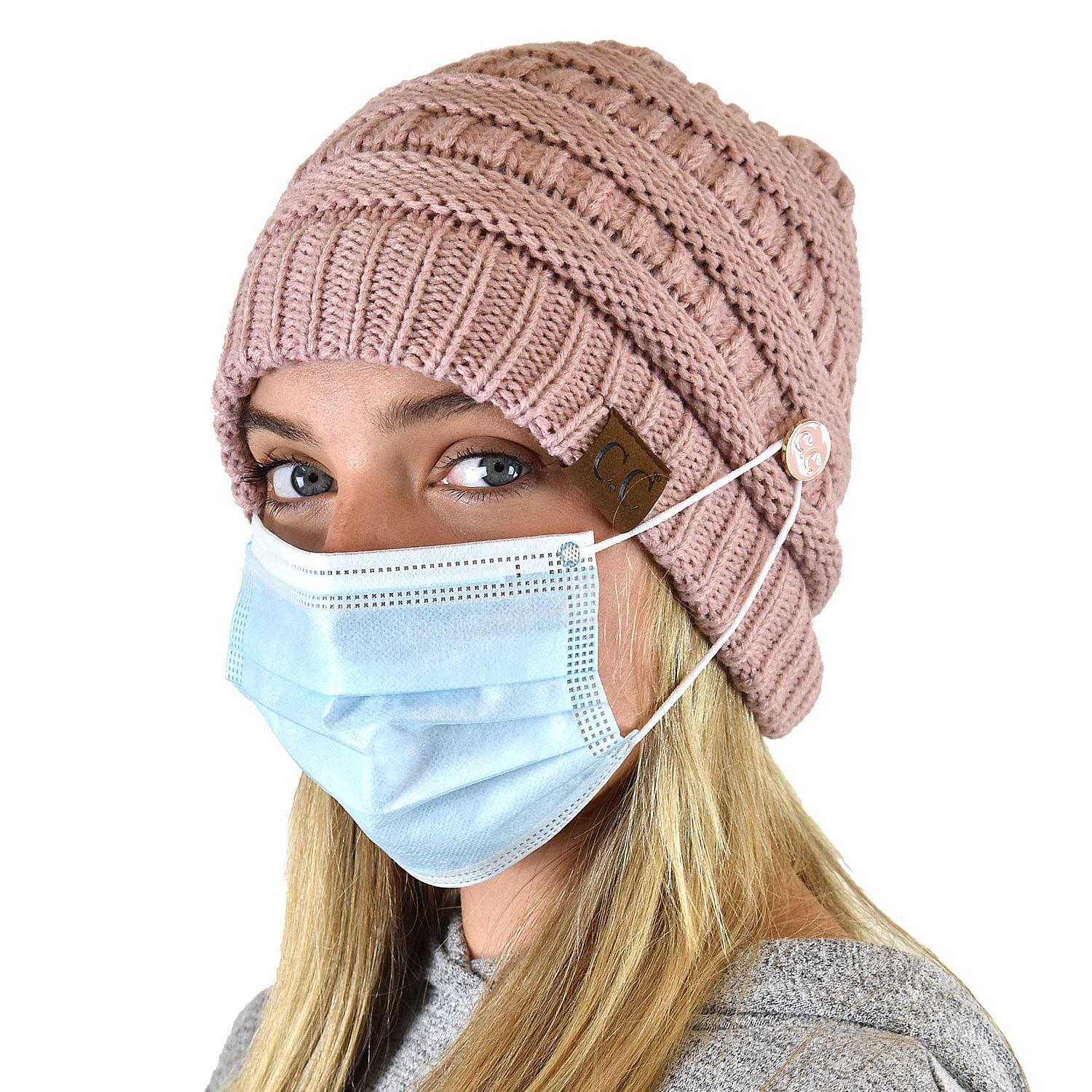 C.C Soft Stretch Cable Knit Side Epoxy Button for Mask Beanie Skully, Rose