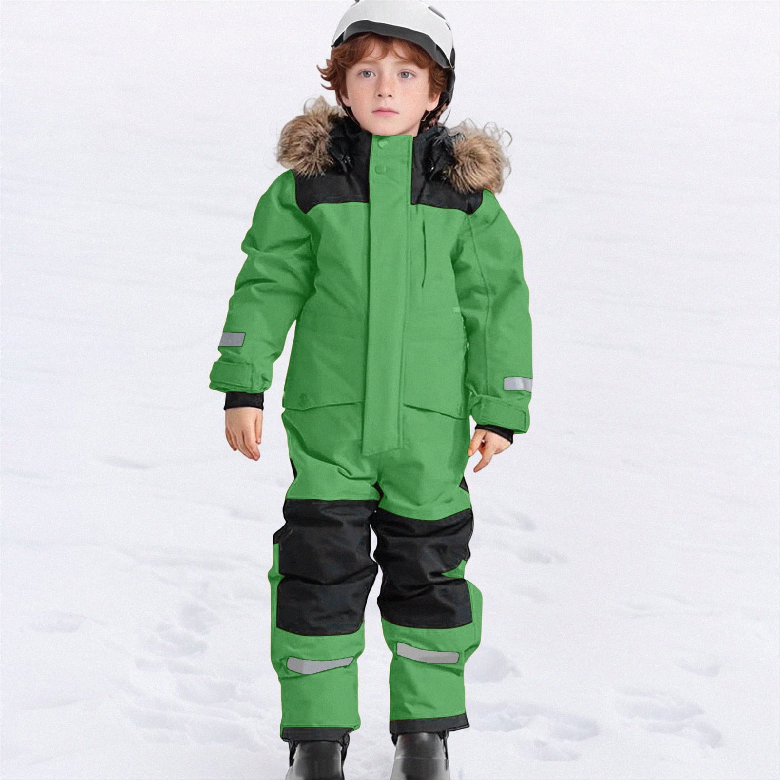 Gubotare Kids Snow Suit Kids Girls Boys One Piece Snowsuits Ski Suits High Collar Hood Double Zipper Jumpsuits Winter Waterproof Jackets Size 6-7 (Green,6-7 Years)
