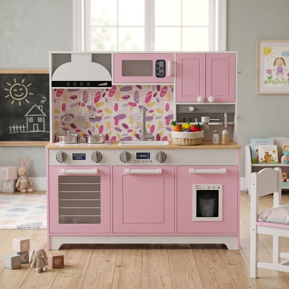 Aukfa Kids Play Kitchen Playset, Wooden Toddler Kitchen with Pretend Ice Maker & Capsule Coffee Maker for Kids Girls Boys, Pink