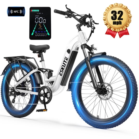 ESKUTE C300 1500W Electric Bike for Adults, 48V 20.8Ah Battery, 32MPH, 80 Miles Range, 26"x4.0" Fat Tire Step-Thru Ebike, Full Suspension Electric Bicycle, 8-Speed White, UL2849
