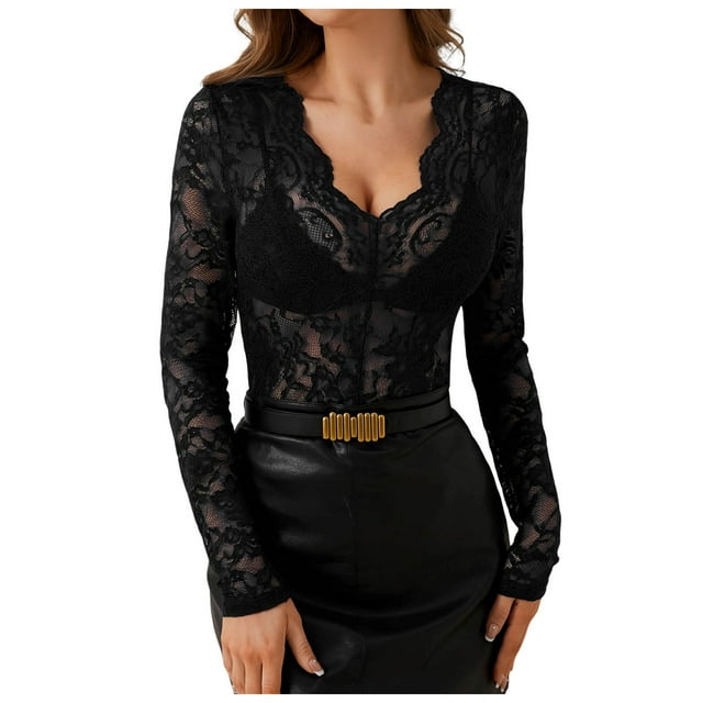 Top de malla transparente para mujer, manga larga, cuello alto con encaje floral, blusa transparente - Camisa ligera con capas, color negro