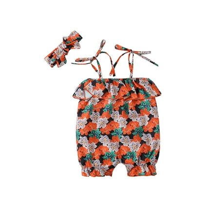 

Calsunbaby 2Pcs Toddler Infant Baby Girls Romper Outfits Print Sleeveless Tie-Up Ruffle Romper + Headband Orange 12-18 Months