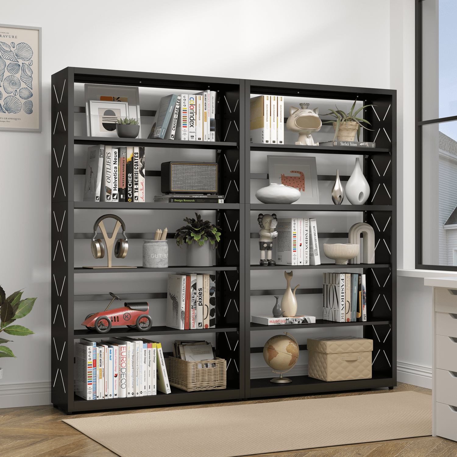 Polup 5-Tier Metal Shelves Bookcase with Bookends Industrial Adjustable Freestanding Black 1-Pack 55 in H x 31 in W