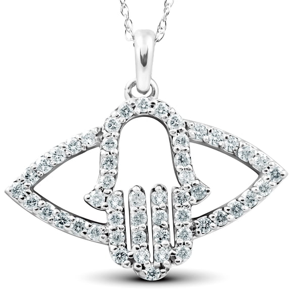 Pompeii 1/2 Ct Diamond Hamsa Evil Eye Hand Pendant 14k White Gold (G/H,I2)