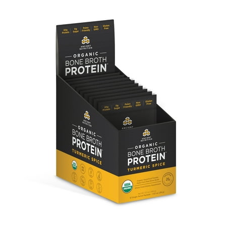 Ancient Nutrition, Organic Bone Broth Protein, Turmeric Spice, Packet Tray, 12 Servings