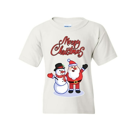 Tee Hunt Merry Christmas Santa Snowman Hug Youth T-Shirt Xmas Holiday Spirit Kids Tee White Medium