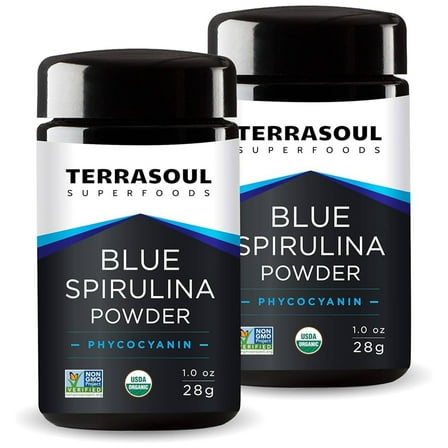 Terrasoul Superfoods Organic Blue Spirulina Powder (in Miron Glass Jar), Phycocyanin, 2 Oz (1 Oz 2-Pack)