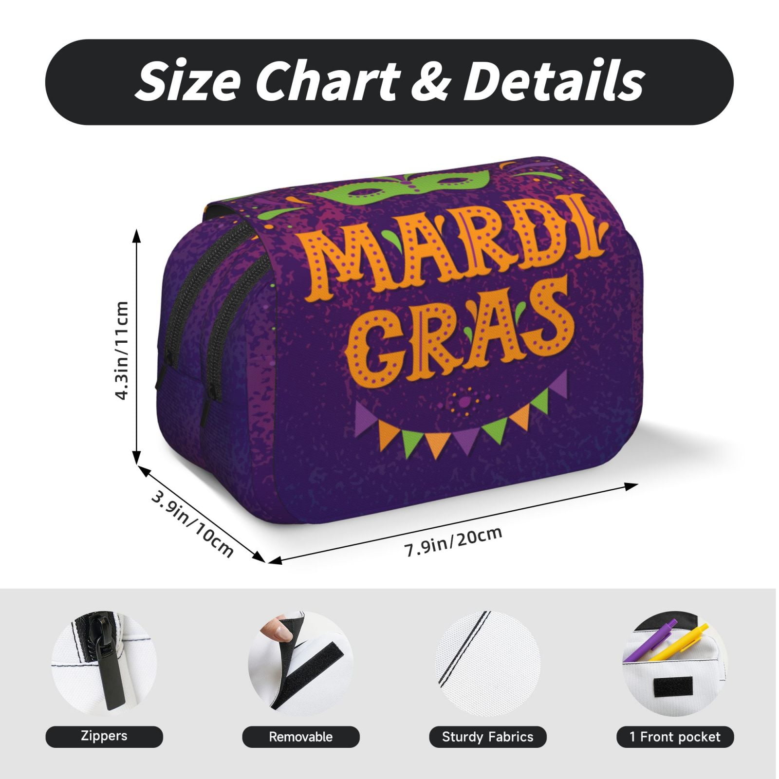 Rateoe Mardi Gras2 Pattern Double Clamshell Pen Case, Storage Organizer with Two Zipper Compartments– Holds Up to 50 Pencils & Pens