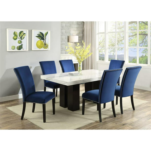 Camila Marble Top Rectanglular 7 Piece, Blue Dining Room Table And Chairs