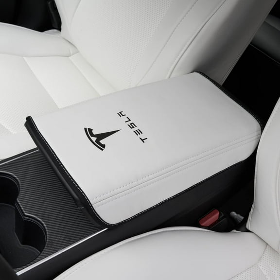 Center Console Cover for Tesla Model Y Model 3, Non-slip Armrest Cover for Tesla Model 3 Y Accessories, PU Leather Armrest Box Pad Protector (White)