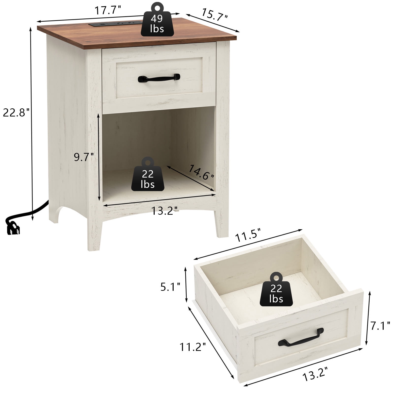 Hommpa End Table With Charging Station For Living Room, Farmhouse Side Table with Drawer, Nightstand Bedside Table with Storage Shelves For Bedroom, Rustic White