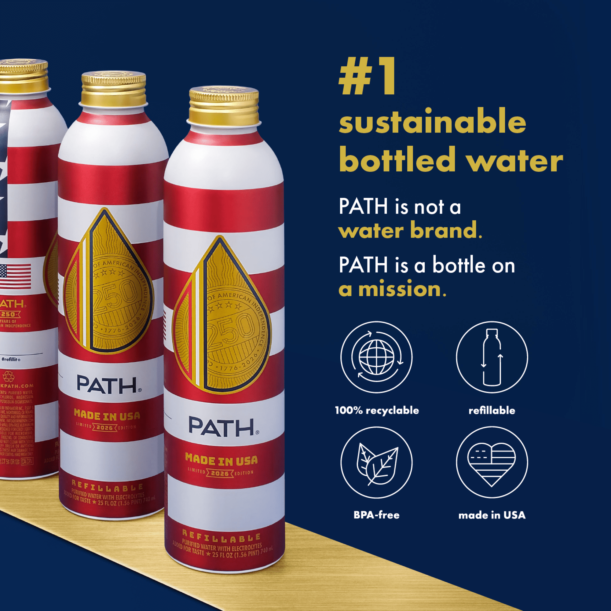 PATH Water Ultra-Purified Still Water, 25 fl oz, Single Aluminum Bottle, Limited Edition USA 250th Anniversary