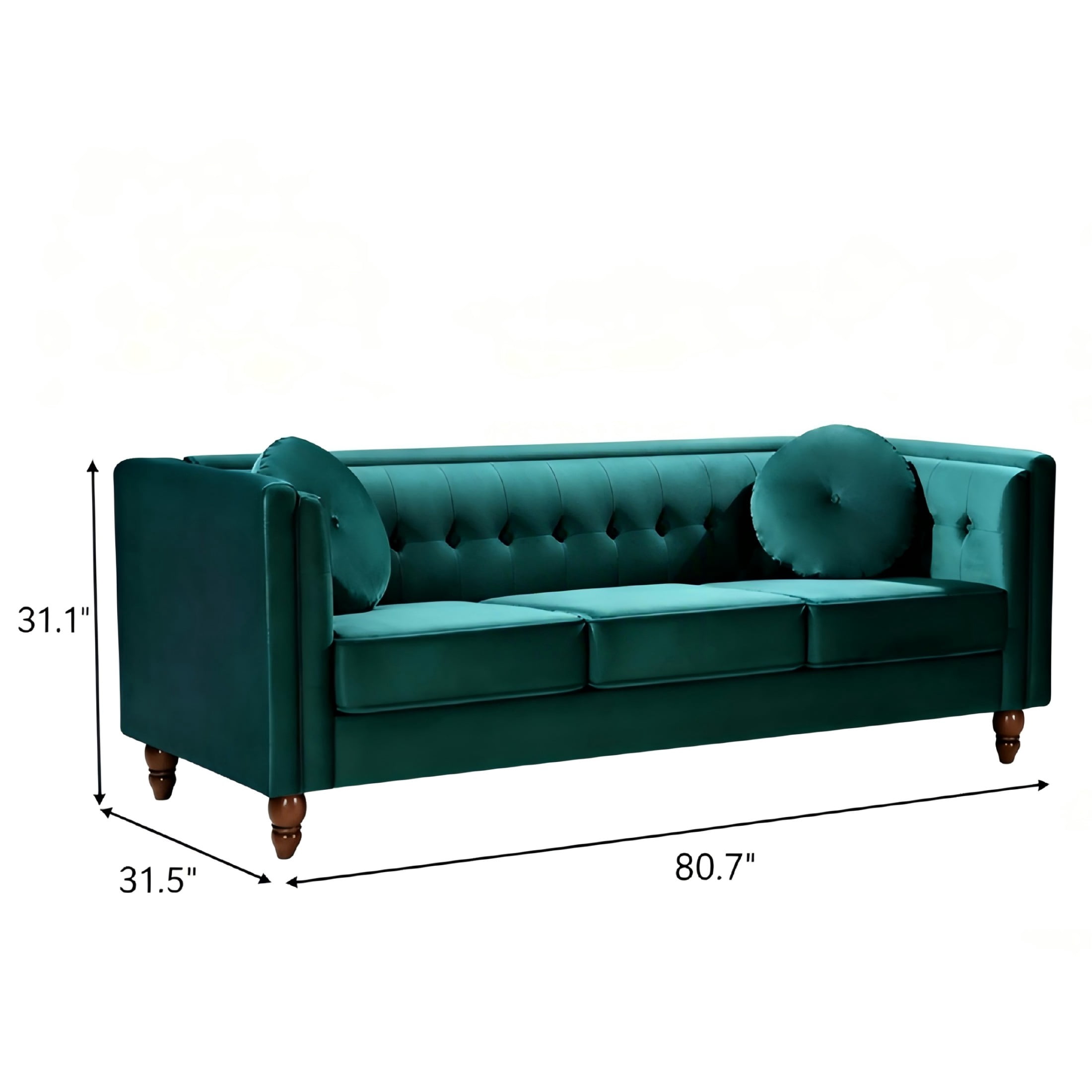 GDF Studio 80.7" Chesterfield Tufted Sofa with Square Arms, Crushed Velvet Upholstery, Green