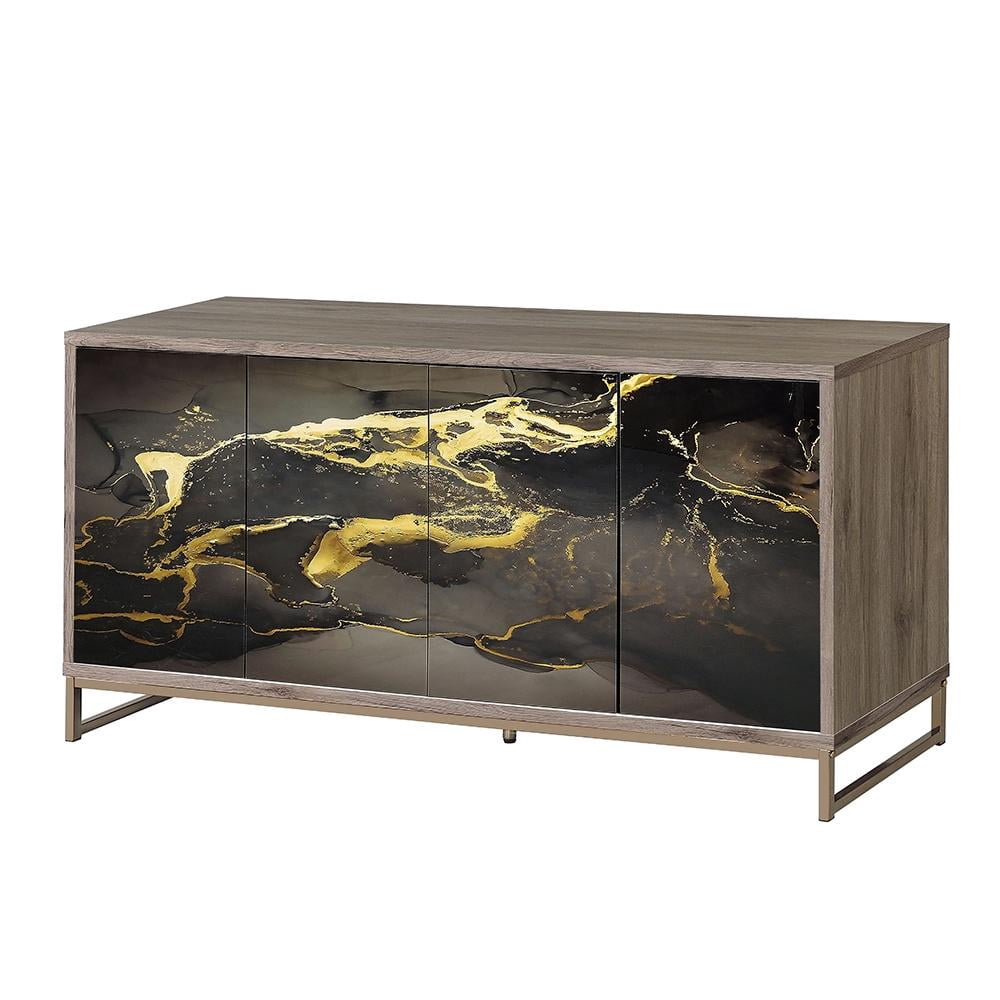 ACME Payo Wood/Metal Console Cabinet in Black Marble Paint/Oak & Champagne