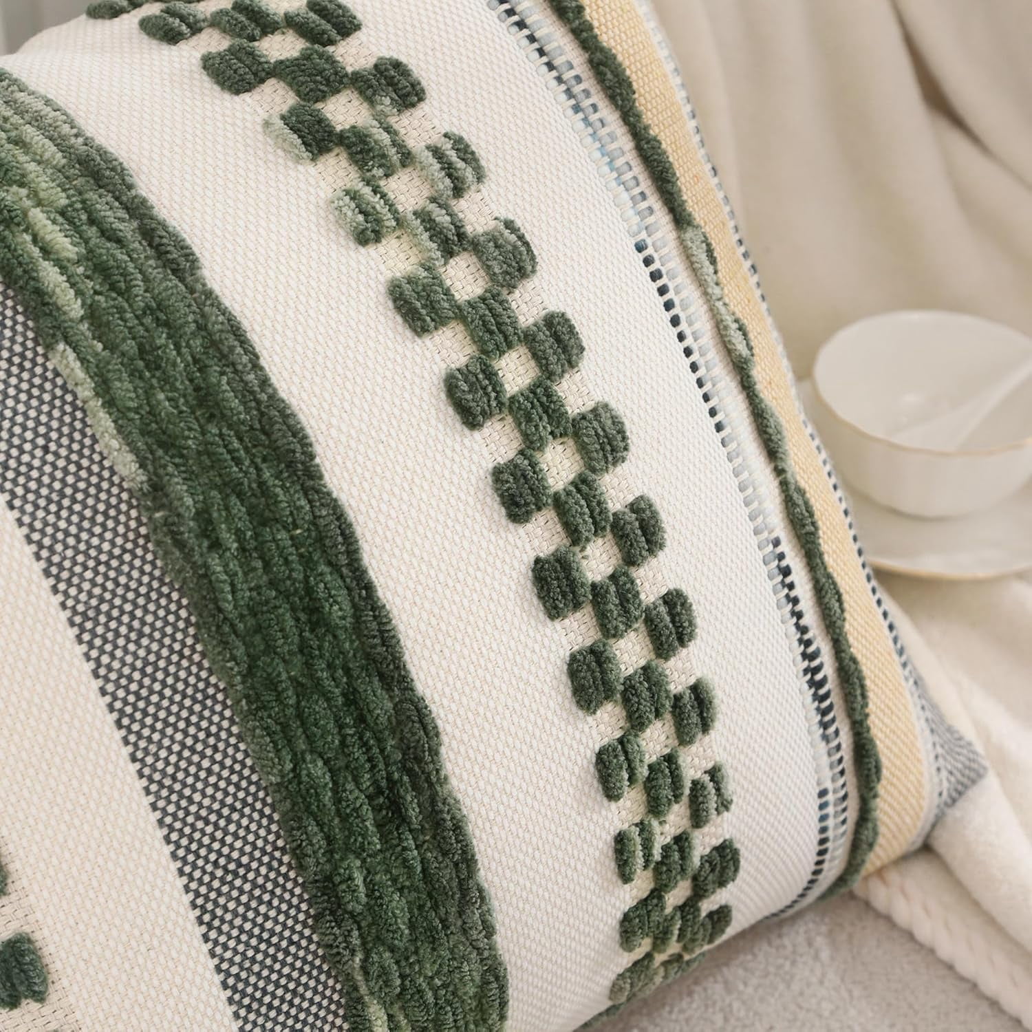 Tosleo Green Accent Pillow Covers 18x18 Set of 2 Boho Throw Pillow Covers Striped Decorative Pillow Cases Soft Chenille Pillow Cases Farmhouse Cushion Case Accent Nuetral Textured Pillow Cover