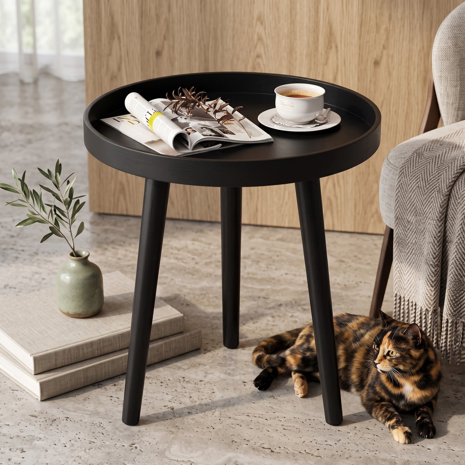 Furnibear Mid Century Modern Round Side Table, Small Sofa End Coffee Table with Bamboo Legs & Wooden Tray Top for Living Room Bedroom Small Spaces, Nightstand, Black