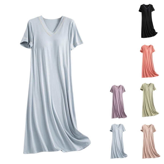 Oksale Womens Built in Bra Night Gowns Soft Modal Cotton Night Dress Plus Size Casual V Neck Sleep Shirt Short Sleeve Pajama Dress Solid Color Mid Length Loungewear for Home Light Blue M