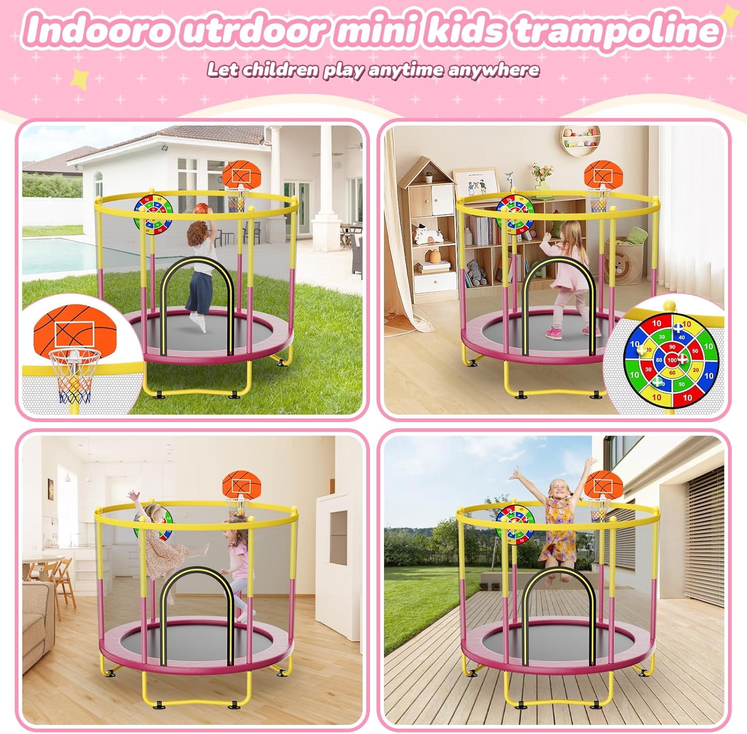 72-Inch Mini Indoor/Outdoor Trampoline For Toddlers, equipped with safety net, basketball hoop, and dartboard. Ideal as a gift for boys, girls, and infants.Pink