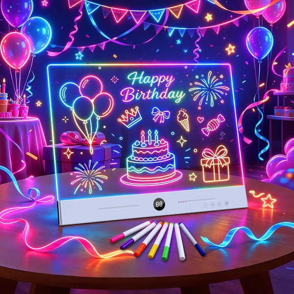 Avoben LED drawing board features 10 lighting effects. This 13.7-inch rechargeable, glow-in-the-dark LED notepad is colorful and neon-lit, making it a great holiday gift for children.