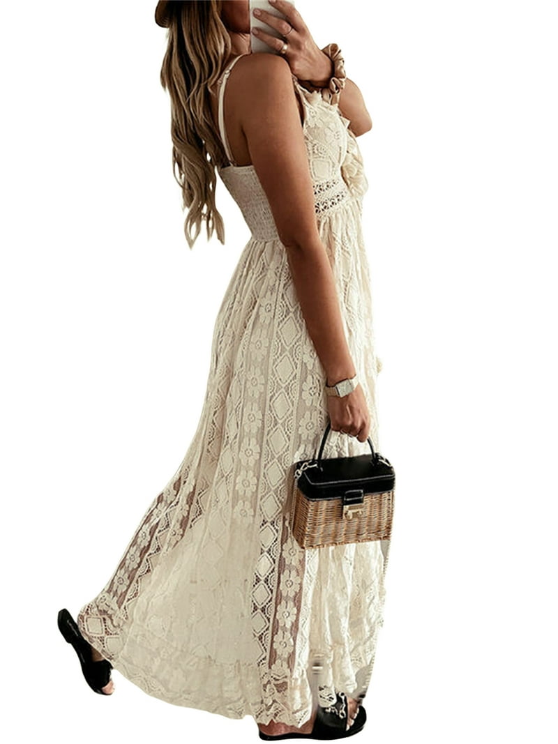 Women's Boho Lace Maxi Midi Dress V-Neck Spaghetti Straps Floral Long  Dresses Beachwear Sundress - Walmart.com