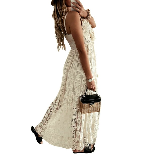 Merqwadd Women's Beach Crochet Backless Bohemian Halter Maxi Long Dress -  Walmart Business Supplies