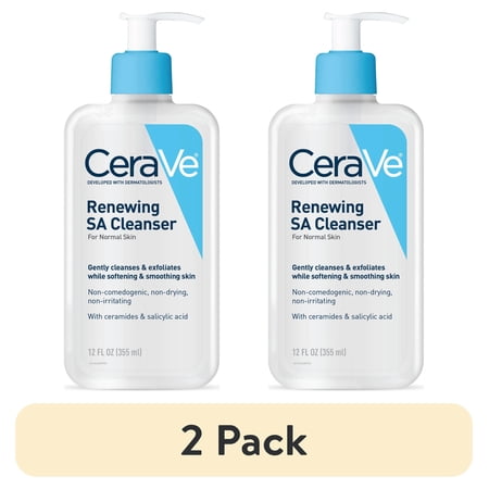 (2 pack) CeraVe Renewing SA Cleanser Salicylic Acid Foaming Gel Face Wash For Smooth Skin 12 fl oz
