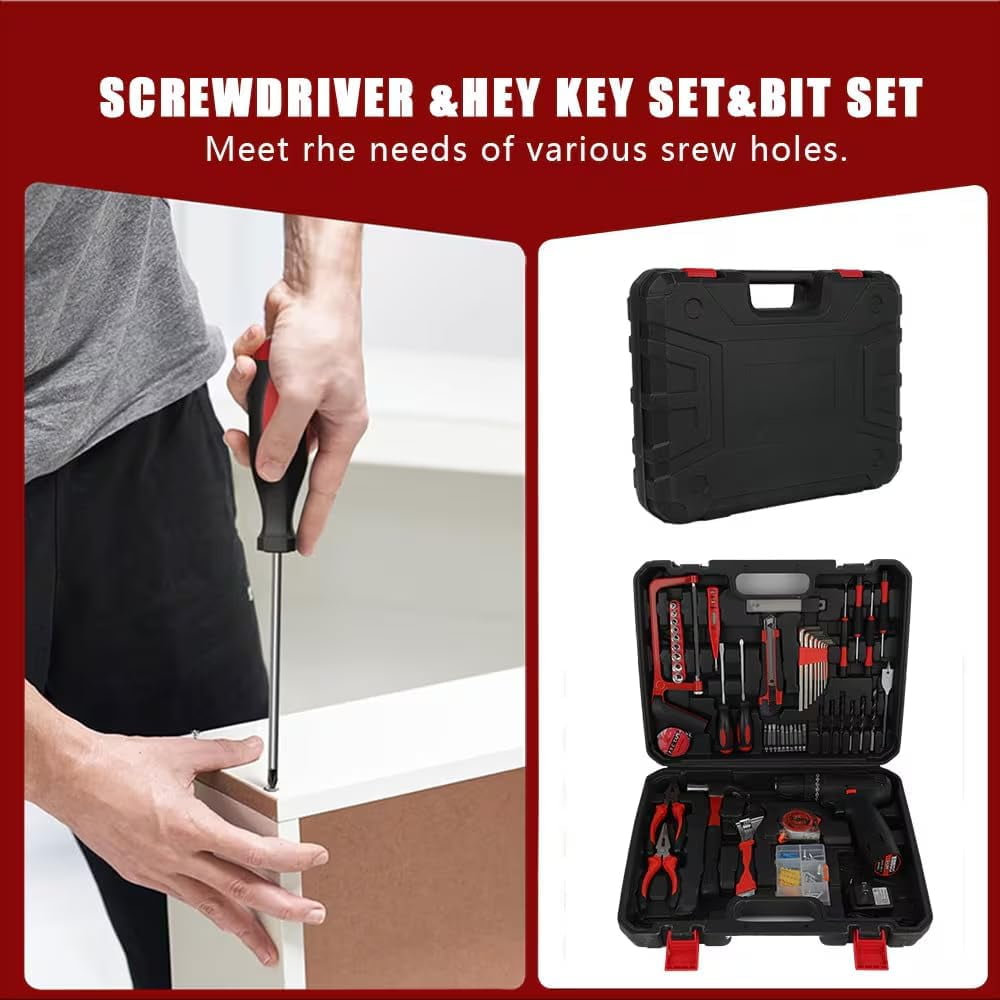 Tool set with 18v cordless drill (2 battery), 126 pieces professional home tool combo Kit. Cordless power Drill and Toolbox set for Household, Homeowners, office, garden, house repair and maintenance