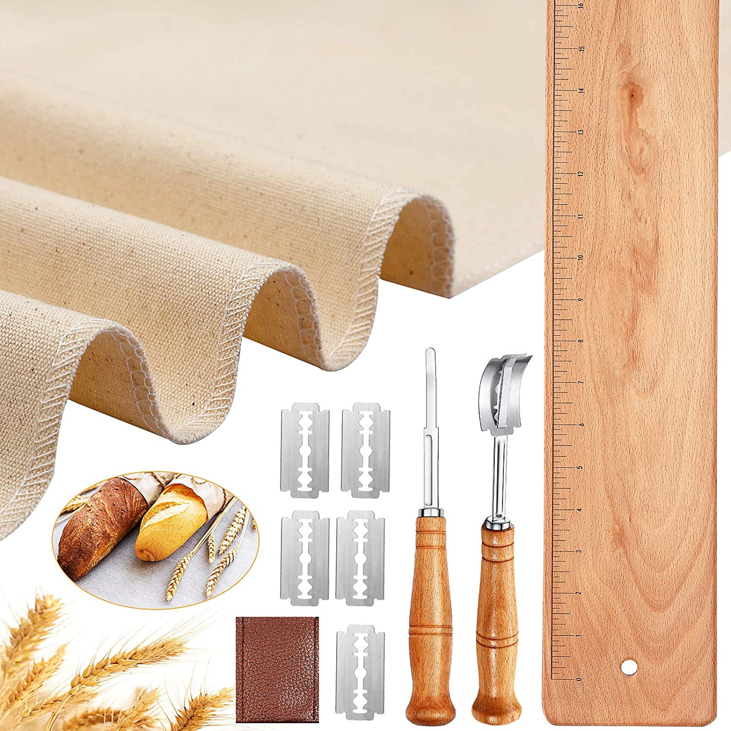 Baguette Flipping Board Set Bakers Couche, Bread Lame, Transfer Peel