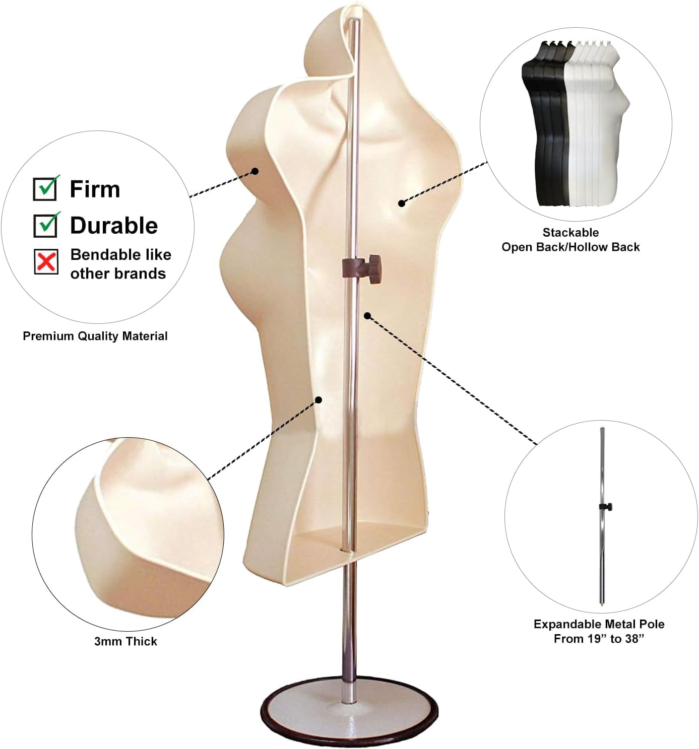DisplayTown Flesh Male + Female Mannequin Hollow Back Body Torso Set w/ Metal Stand and Metal Pole & Hanging Hook, S-M Sizes