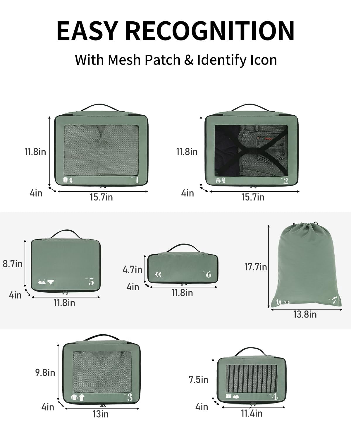 7 Pcs Packing Cubes for Travel Organizer Tear-Resistant with Number Icon Handle Storage Bags for Carry on Bag for Clothes Shoes, Green