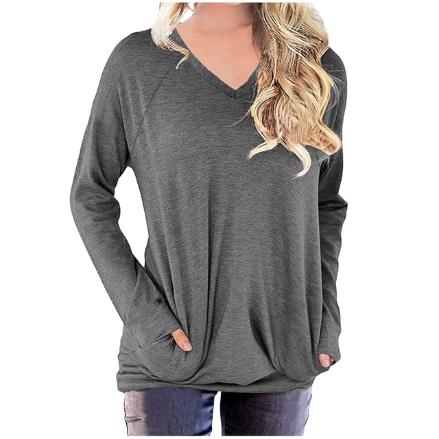 KIHOUT Spring Winter Womens Tops Solid Color Workout Sweatshirts Casual Basic Long Sleeve Loose Shirt Classic Crew V-Neck Tops with Pocket